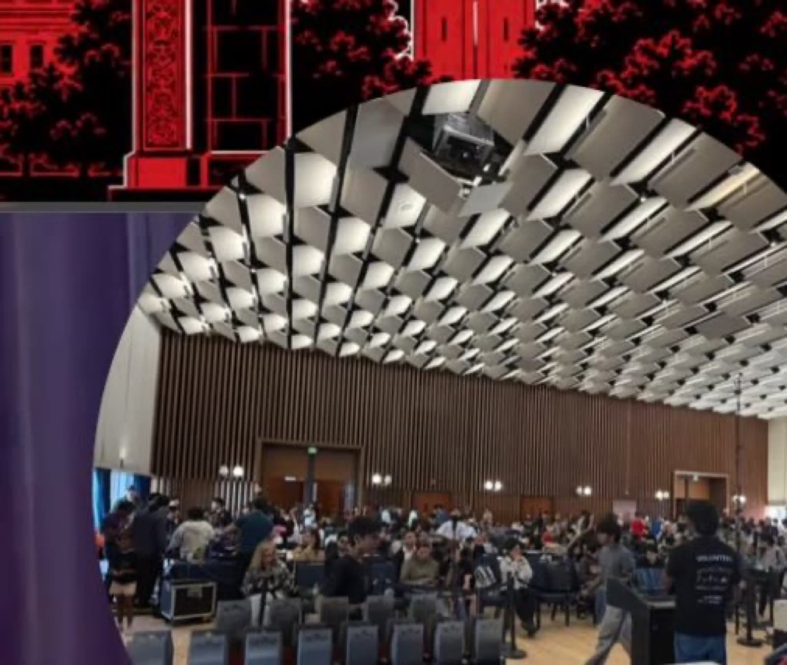 The championship hall seen from above with the audience seated
