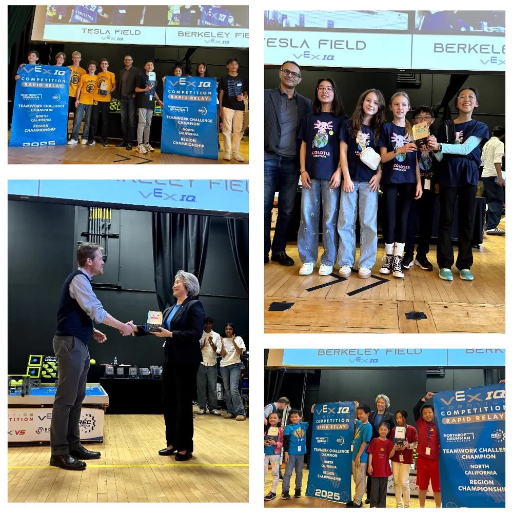 Four award presentations at the 2025 NorCal Region Championship with Tesla Field and Berkeley Field signage behind