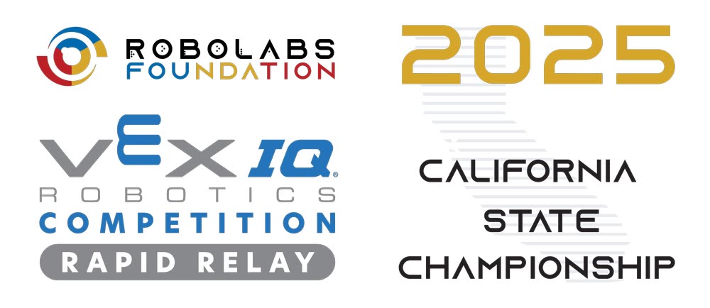2025 California State Championship event logo, Robolabs Foundation and VEX IQ Rapid Relay