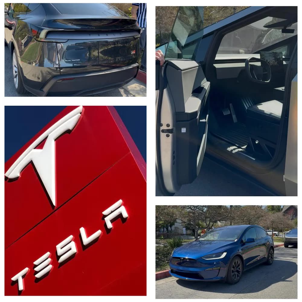 Tesla vehicles on site at the NorCal state championship: Model Y, Cybertruck interior, Tesla sign and Model X