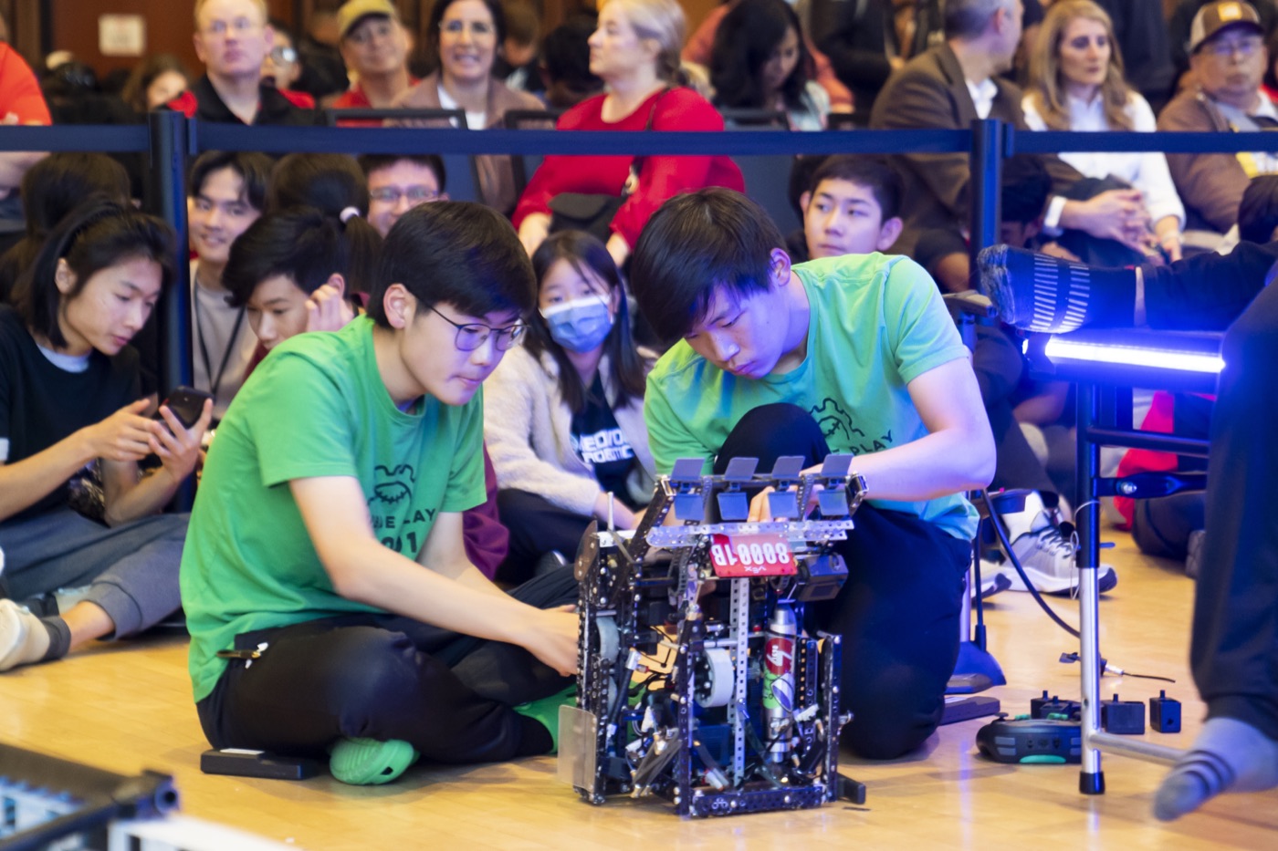Close view of a competition robot on the field