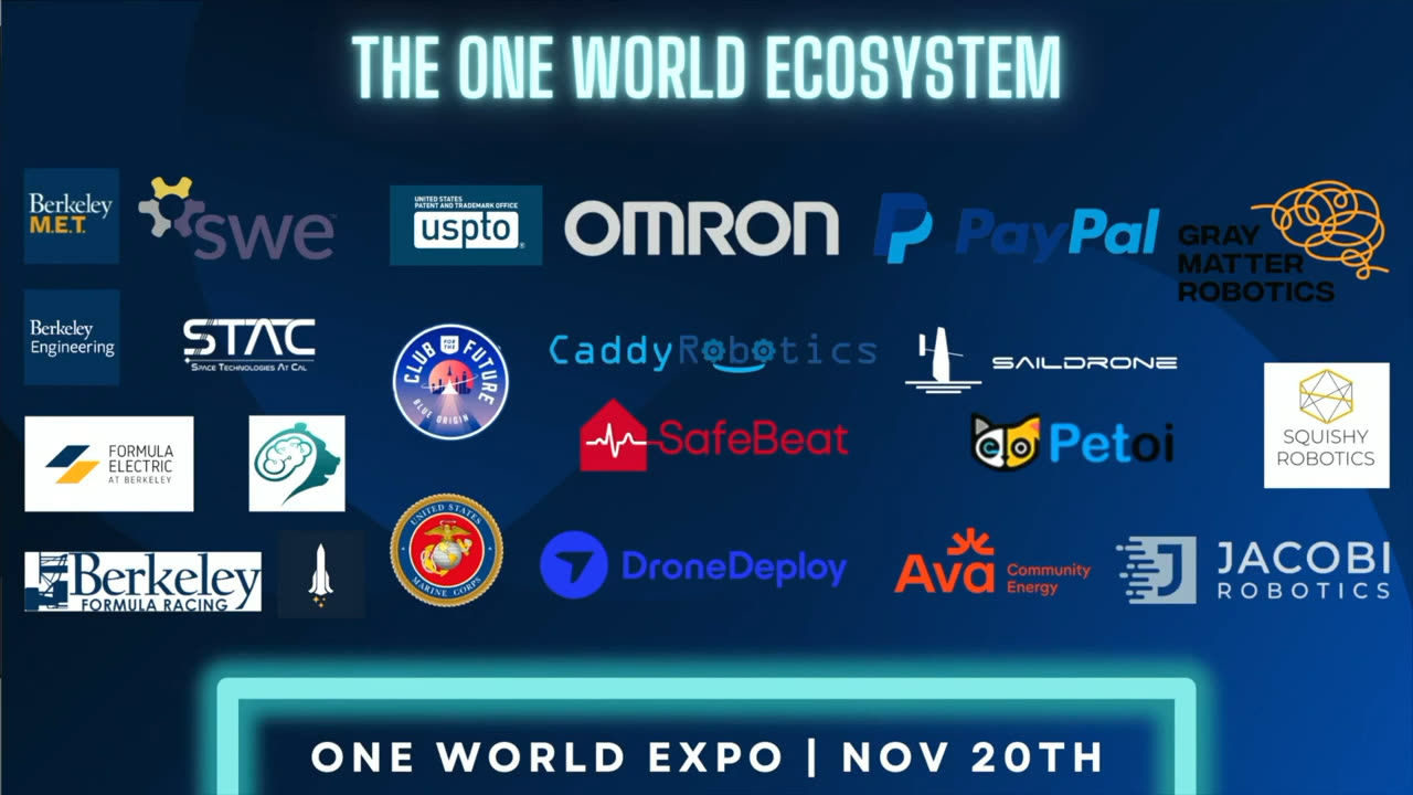 The One World Ecosystem sponsor wall: Berkeley M.E.T., SWE, USPTO, Omron, PayPal, Gray Matter Robotics, STAC, Club for the Future, Caddy Robotics, Saildrone, Squishy Robotics, Formula Electric at Berkeley, SafeBeat, Petoi, Berkeley Formula Racing, US Marine Corps, DroneDeploy, Ava Community Energy and Jacobi Robotics