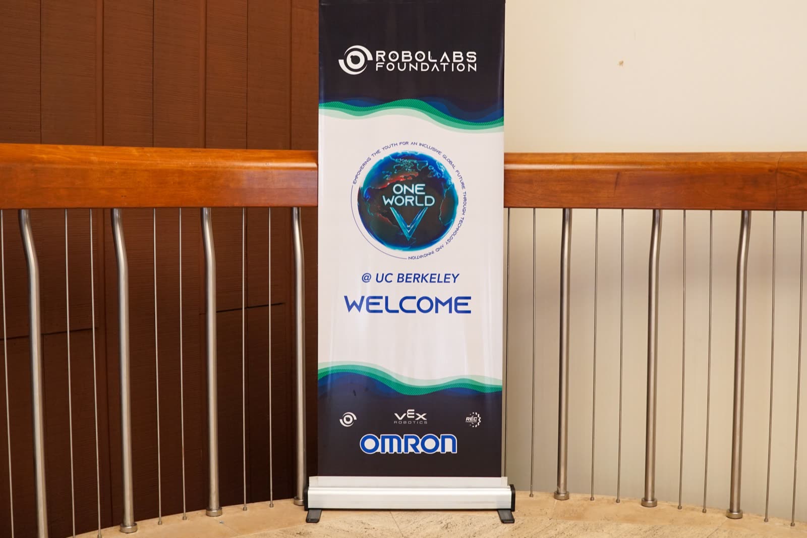 Robolabs Foundation One World @ UC Berkeley welcome banner in the Pauley Ballroom lobby