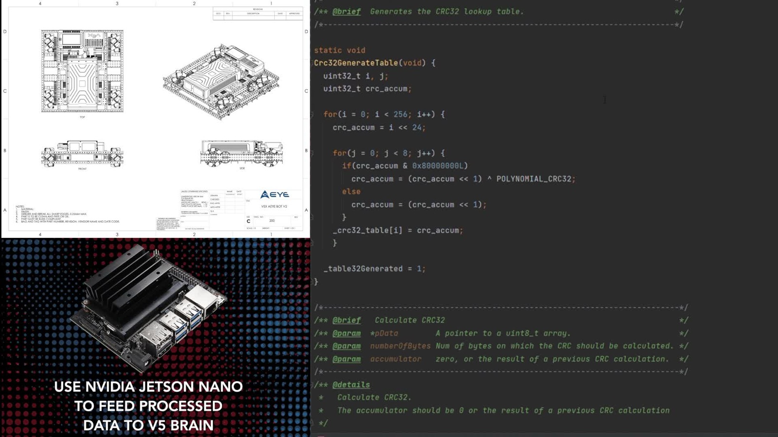An NVIDIA Jetson Nano companion board beside the CRC-32 framing code that carries its data to the V5 robot brain