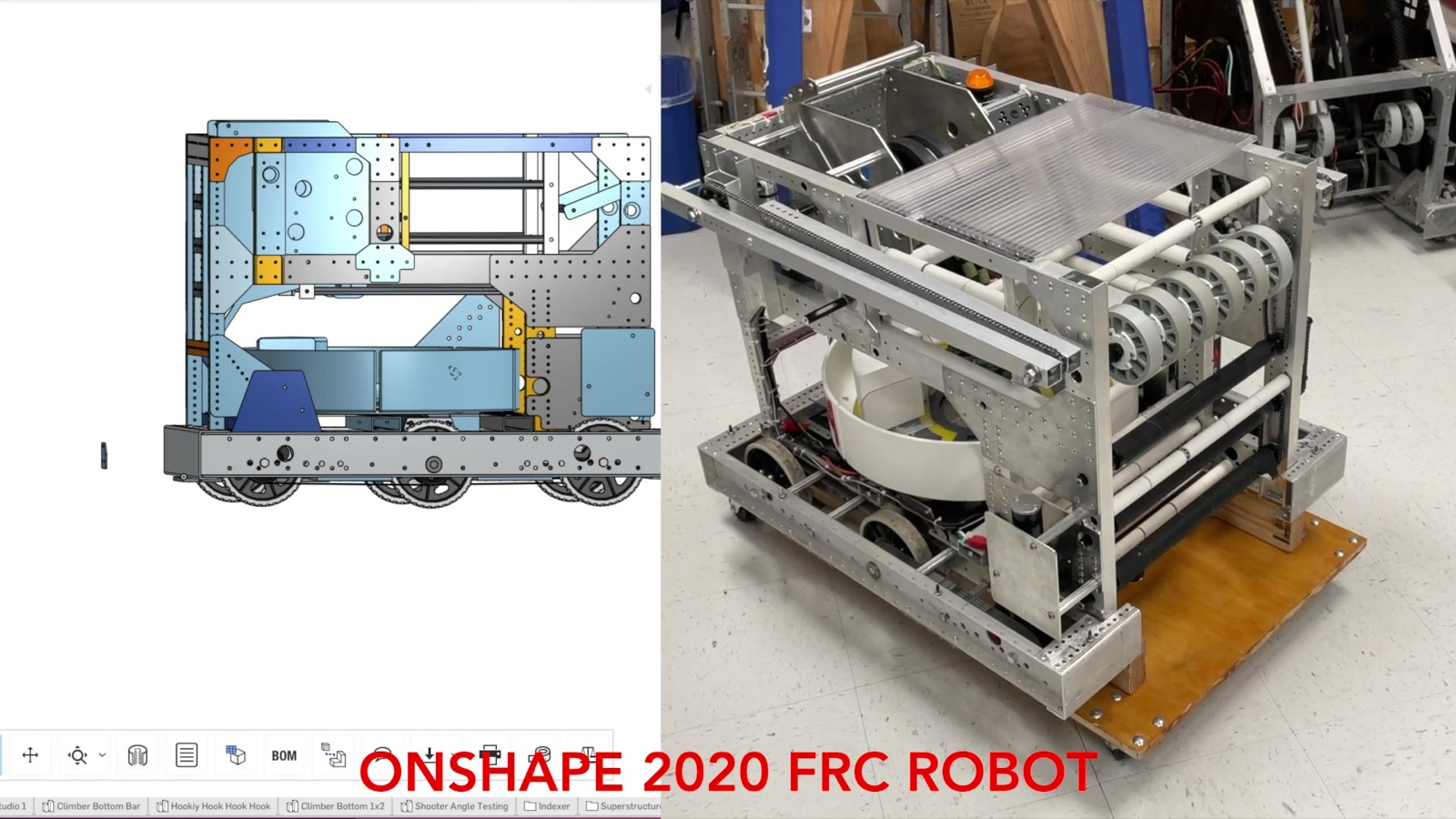 Onshape CAD model beside the finished 2020 FRC robot