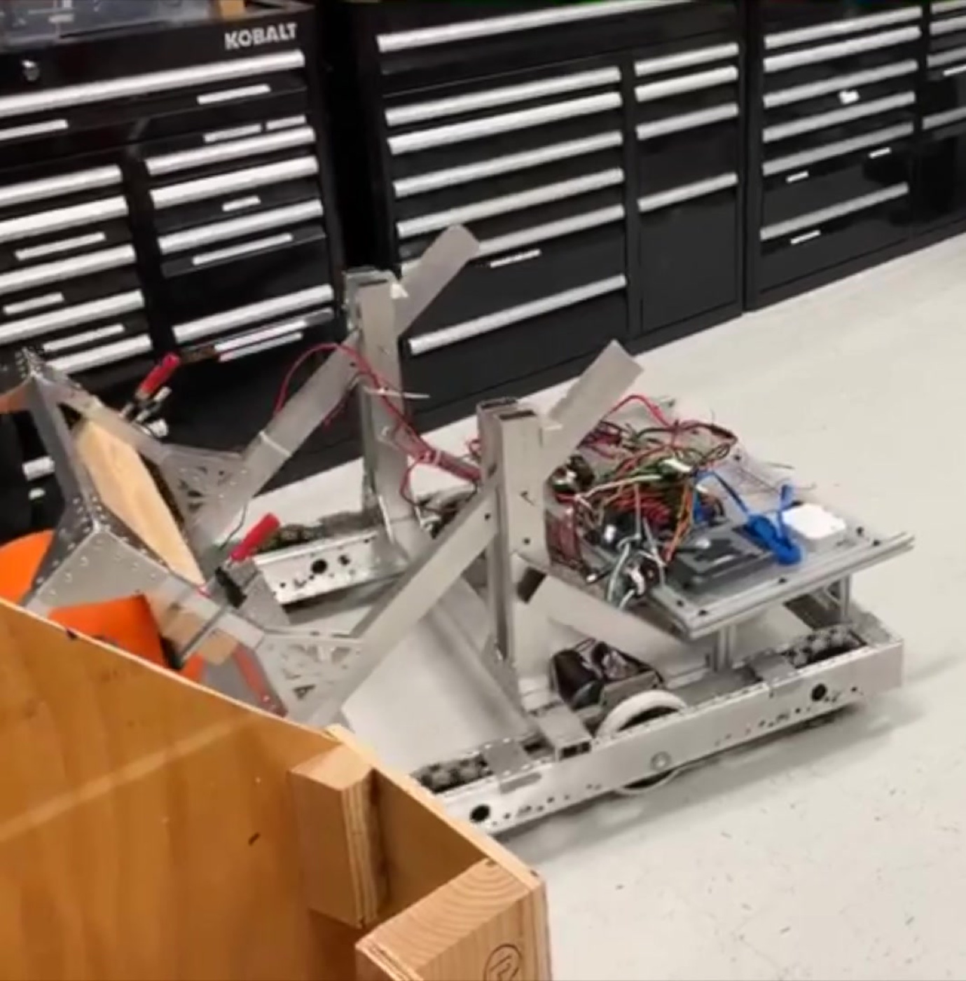 FRC test robot on the bench in the shop