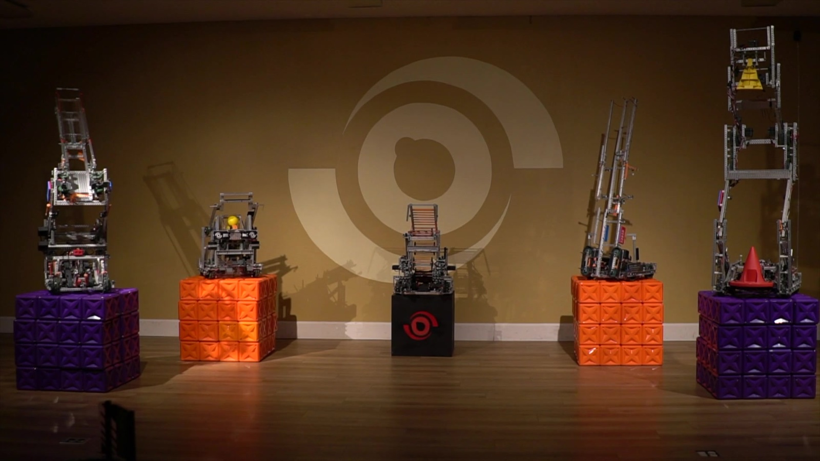 Five seasons of competition robots lined up side by side
