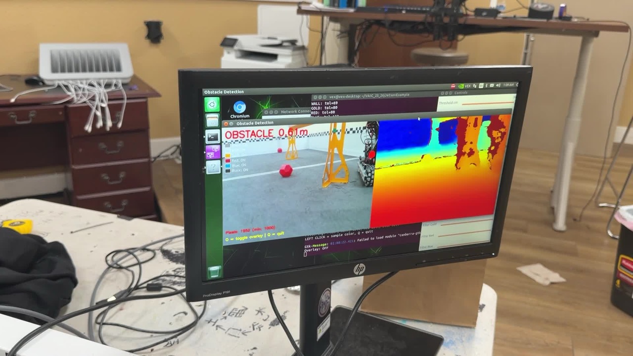 Live obstacle detection running on the robot: the RGB view labelled OBSTACLE 0.61 m beside its depth colormap